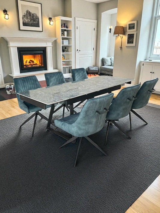 VICENZA DINING TABLE SET GREEN WITH 6 RUSSELL 360 AUTO SPIN CHAIRS GREEN