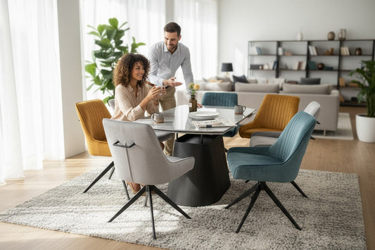 BELLUNO TWIST WOOD GREY WITH 6 RUSSELL MIXED COLOUR CHAIRS DINING SET