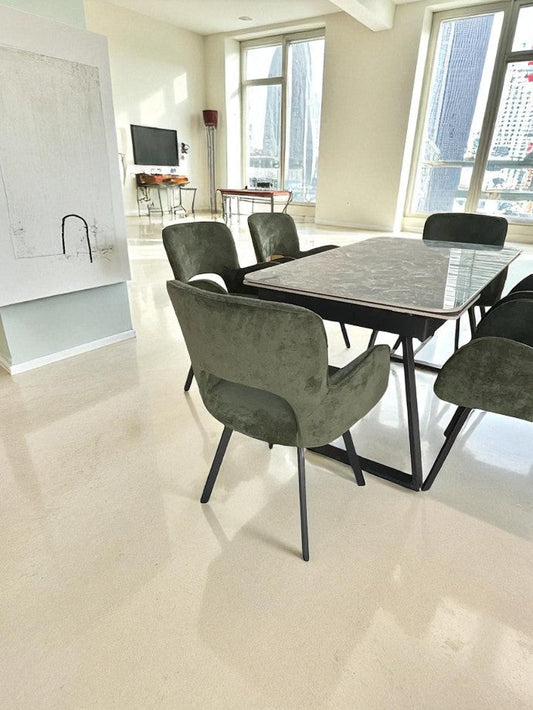 VICENZA DINING TABLE SET GREEN WITH 6 BRUTAS 360 AUTO SPIN CHAIRS GREEN