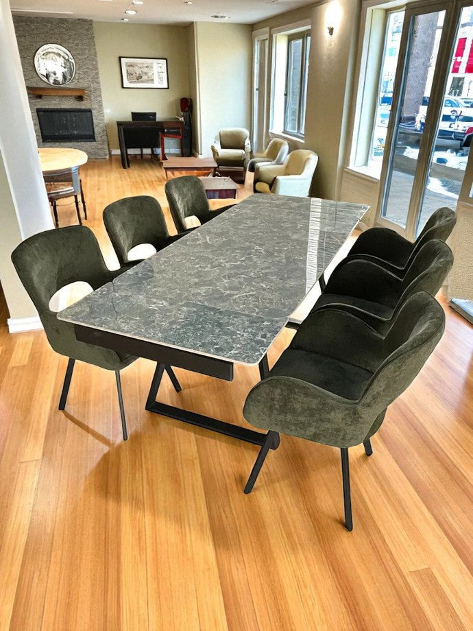 VICENZA DINING TABLE SET GREEN WITH 6 BRUTAS 360 AUTO SPIN CHAIRS GREEN