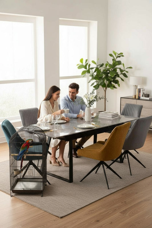 VICENZA DINING TABLE SET GREEN WITH 6 RUSSELL 360 AUTO SPIN CHAIRS MIXED COLOUR