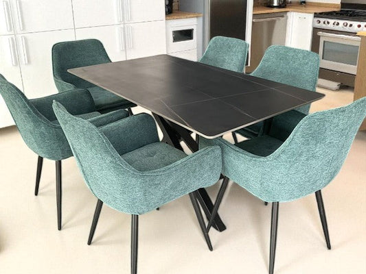 AREZZO BLACK WITH 4 RUSSELL BLUE CHAIRS DINING SET