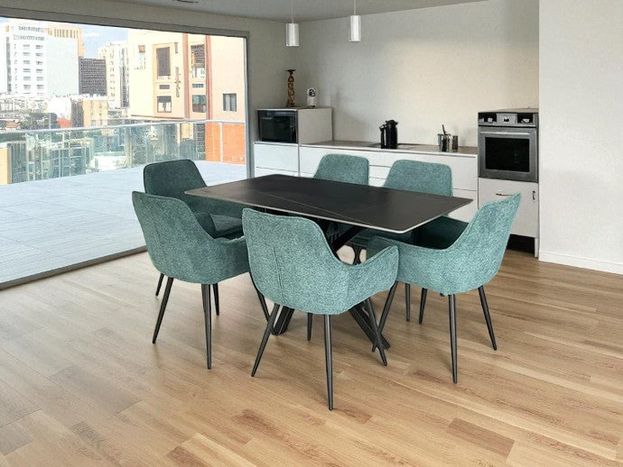 AREZZO BLACK WITH 4 RUSSELL BLUE CHAIRS DINING SET