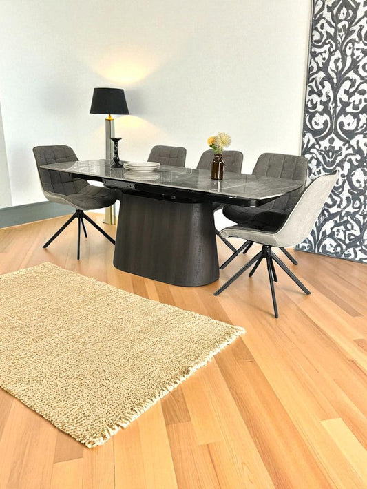 BELLUNO TWIST WOOD GREY WITH 6  LARKIN GREY 360 AUTO SPIN CHAIR DINING SET