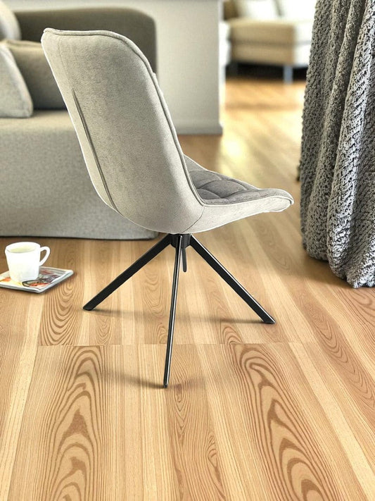 BELLUNO TWIST WOOD GREY WITH 6  LARKIN GREY 360 AUTO SPIN CHAIR DINING SET