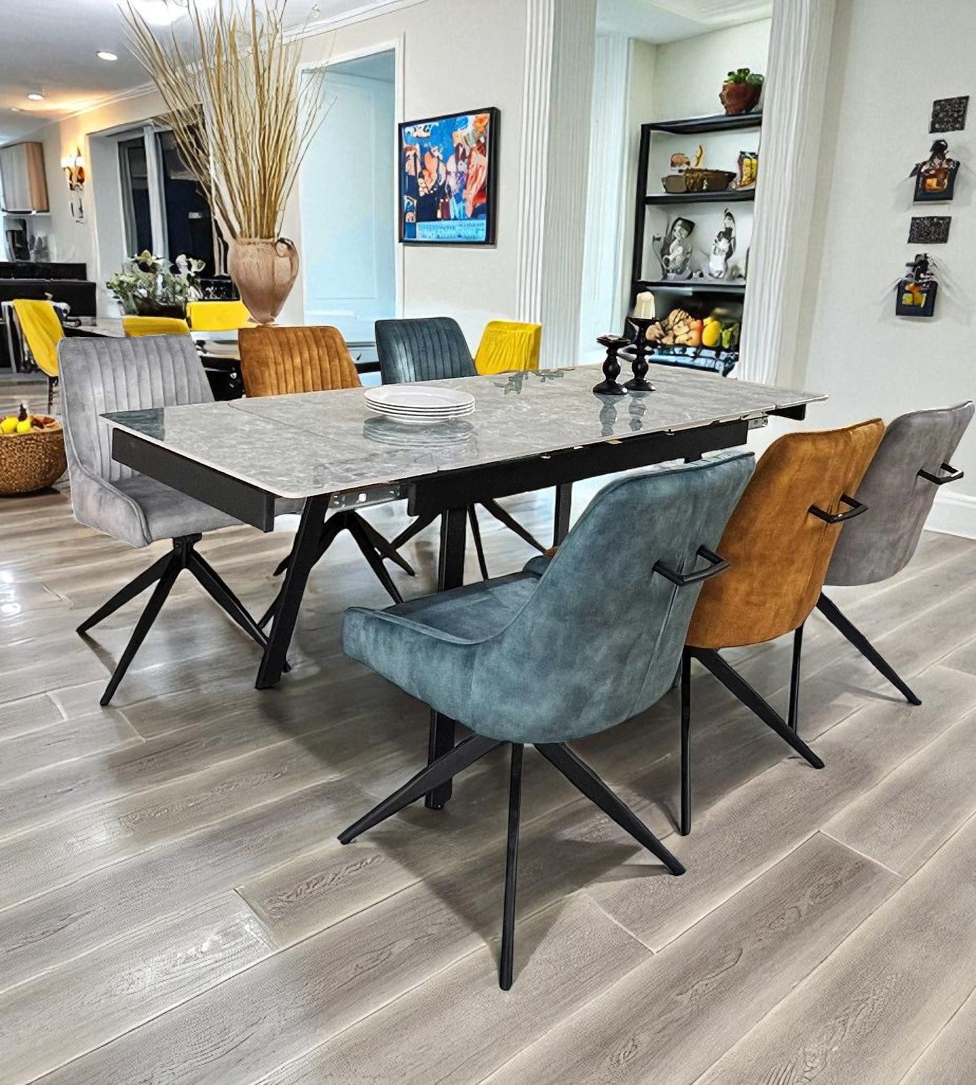 SORRENTO GREEN WITH 6 RUSSELL MIXED COLOURS CHAIRS DINING SET