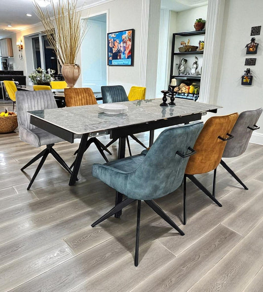 SORRENTO GREEN WITH 6 RUSSELL MIXED COLOURS CHAIRS DINING SET