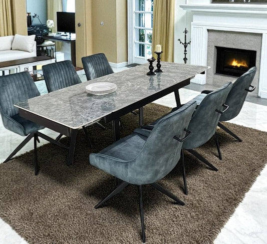 SORRENTO GREEN WITH 6 RUSSELL TEAL BLUE CHAIRS DINING SET