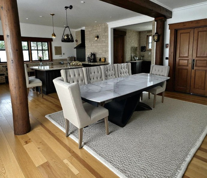 AURELIA WITH INFINITY LEGS GREY WITH  6 BALBOA WHITE CHAIRS DINING SET