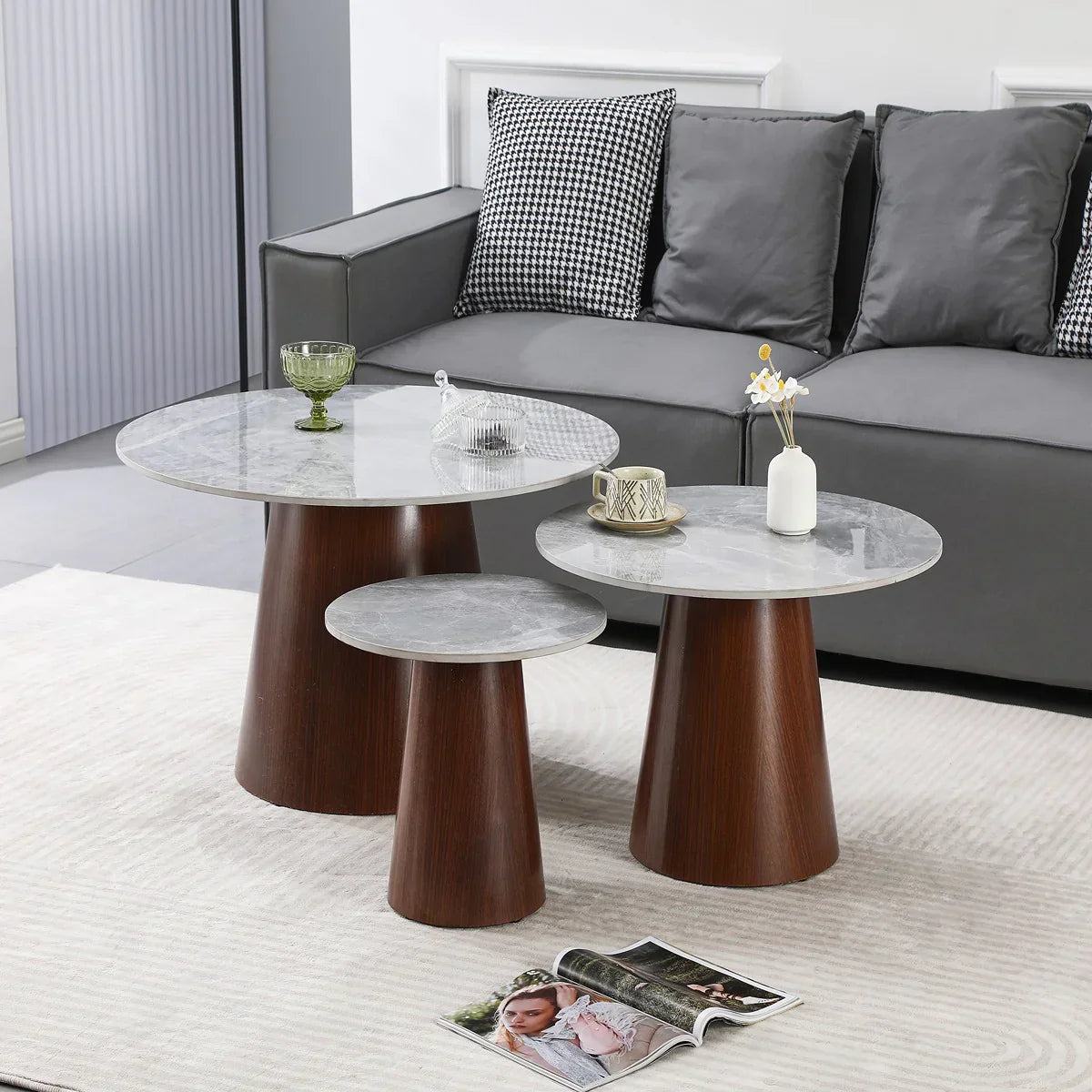 NESTING COFFEE TABLE, WITH WALNUT FURNISHED WOODEN BASE